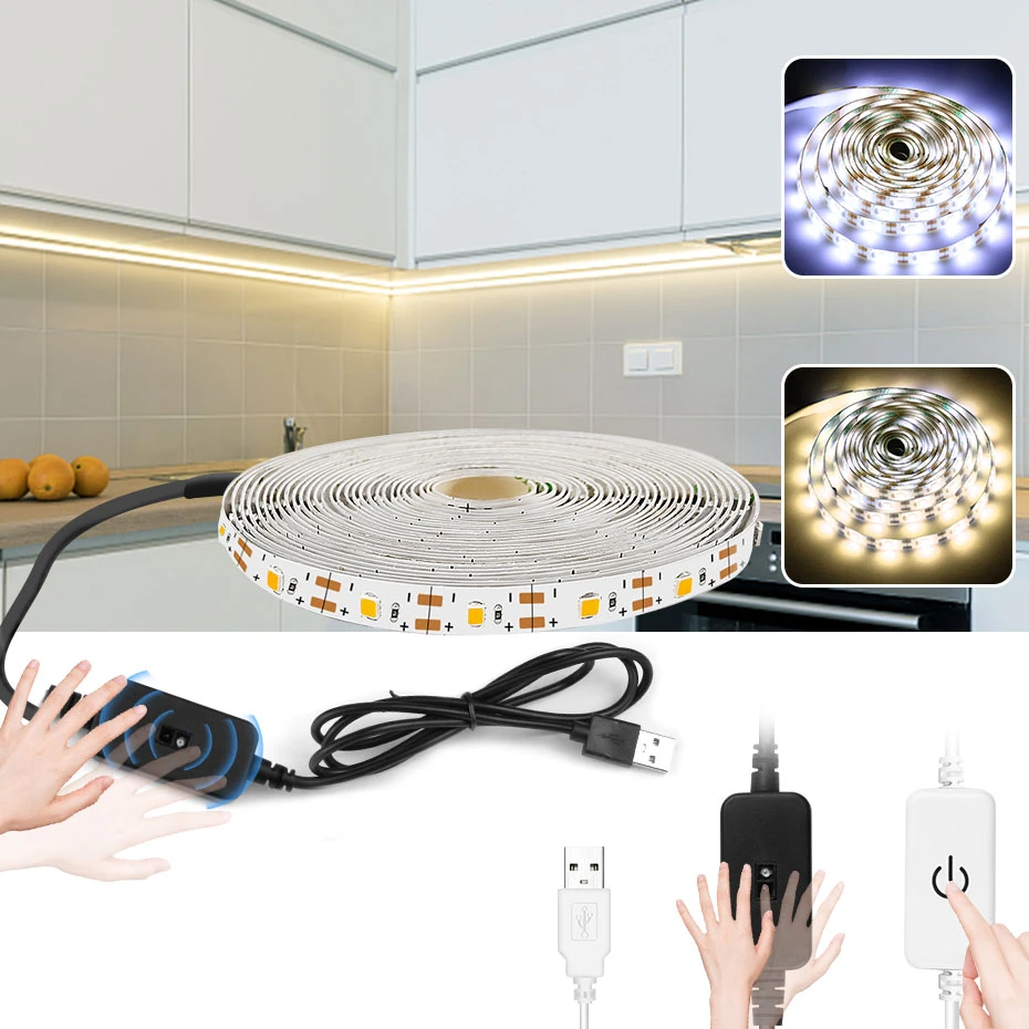 Usb Led Strip With Sensor Waving /Touch Switch Flex 5V Waterproof Tape Smart Lights Strips For Room,Bed,TV Backlight White 1-5M