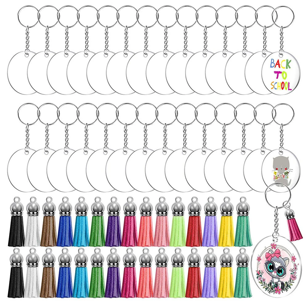 120pc/set Acrylic Clear Keychain Rings Transparent Blank Round Circle Tassels Keyring Set DIY To Drawing, Carving, Sticker Decor