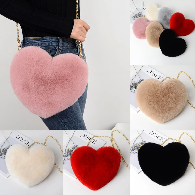 New Fashion Women's Heart Shaped Faux Fur Crossbody Wallet Purse Chain Shoulder Bag Lady Handbag