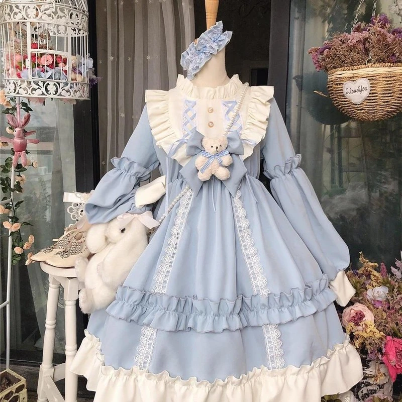 Kawaii Lolita Style Dress Women Lace Maid Costume Dress Cute  Japanese Costume Sweet Gothic Party Robe Renaissance Vestidos 2020