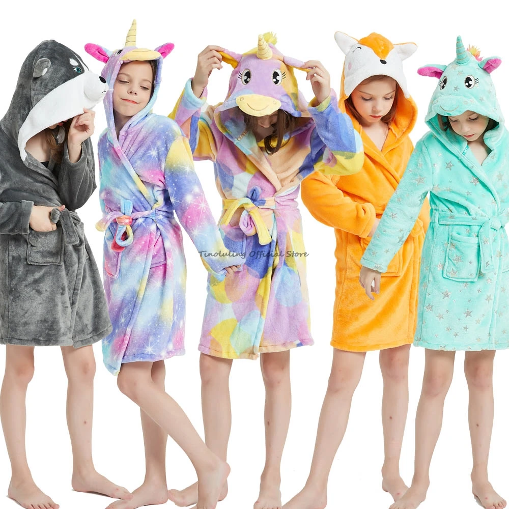 Winter Unicorn Bath Robe For Girls Pajamas Animal Hooded Robes Children Dressing Gown Boys Sleepwear Kids Bathrobe
