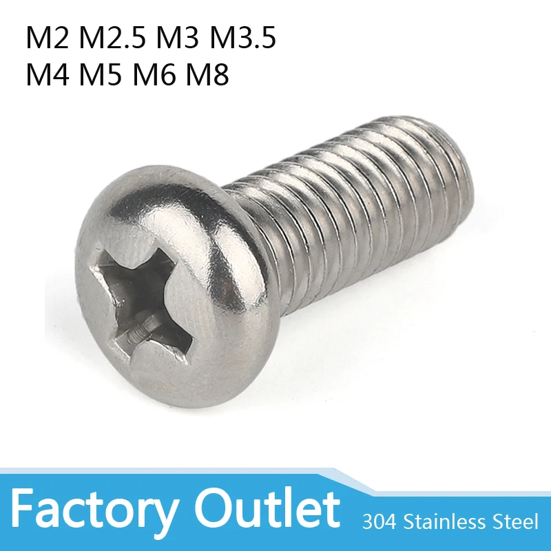 10/50 M2 M2.5 M3 M3.5 M4 M5 M6 M8 A2 304 Stainless steel Cross Round Phillips Pan Head Screw Bolt Dia 2 3 4 5 8mm Length 3-100mm