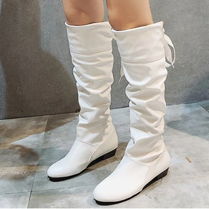 Woman Knee High Boots Red Black White Tall Boots Woman Pleated Low Heel Casual Leather Autunm Winter Female Long Shoe Women