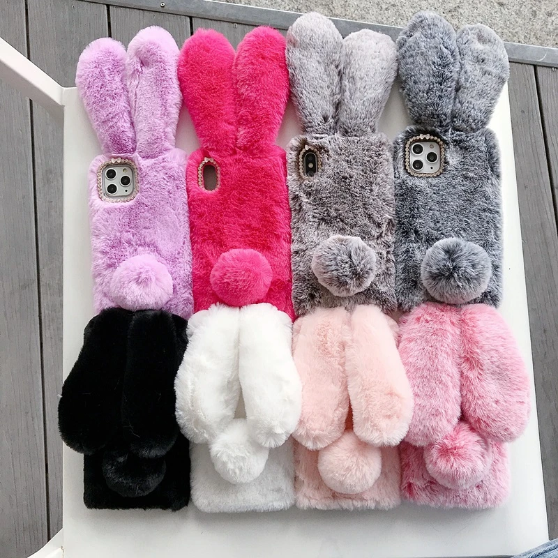 3D Cute Rabbit Hairy Warm Fur case For Samsung Galaxy note 20 S20 A7 A8 Plus A9 2018 Note 10 8 9 S8 S9 S10 5G J4 J6 S21 cover
