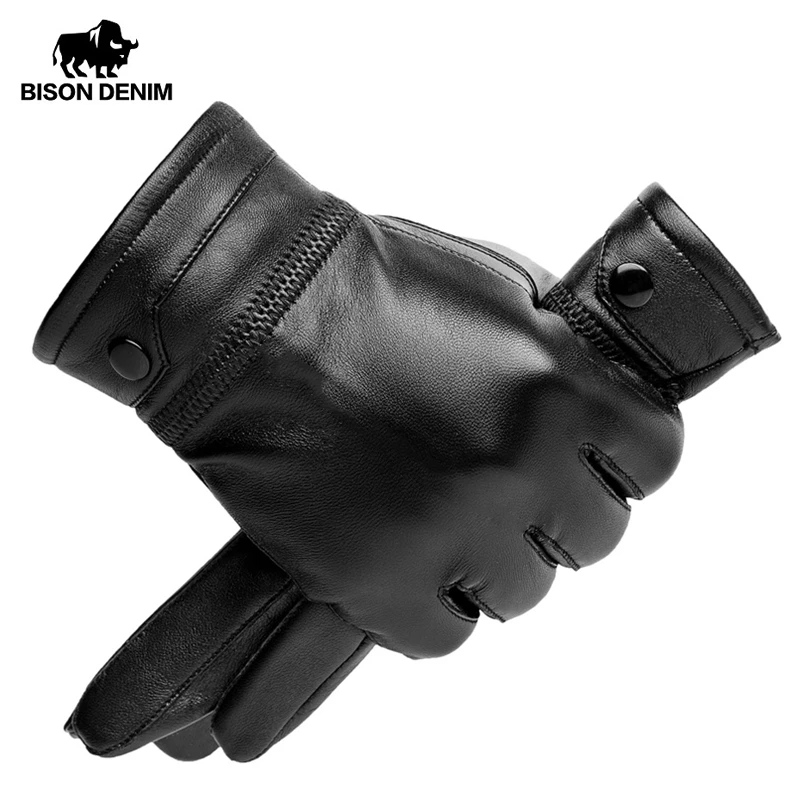 BISON DENIM Men Genuine Sheepskin Leather Gloves Windproof Thermal Warm Touchscreen Glove Winter Warm Mittens S002
