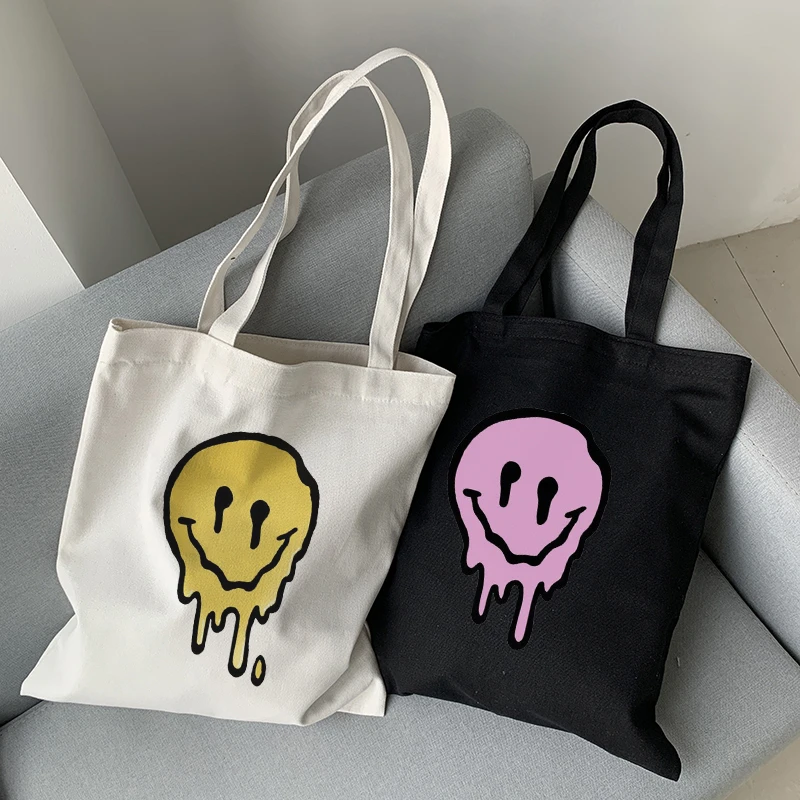Gothic Smile Women Bags Large Capacity Harajuku Cartoon Vintage Hip Hop Shopping Bag Canvas Bag Funny Women's Shoulder Bags
