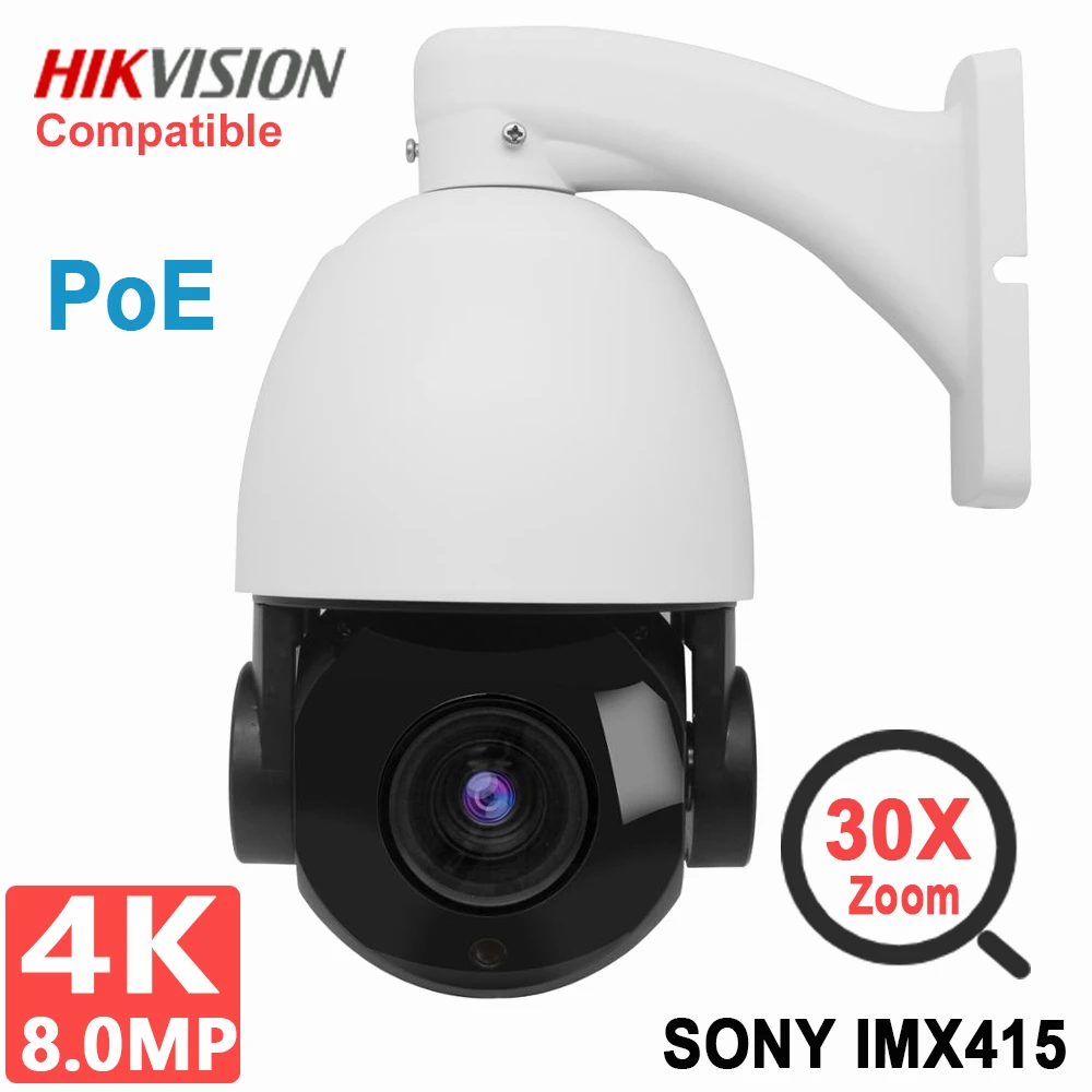 PoE IP PTZ 4K 8MP 5MP Surveillance Dome Security Camera 30X Zoom IR 100m 360° Pan Range IR 100m H.265 Outdoor Hikvision Protocol