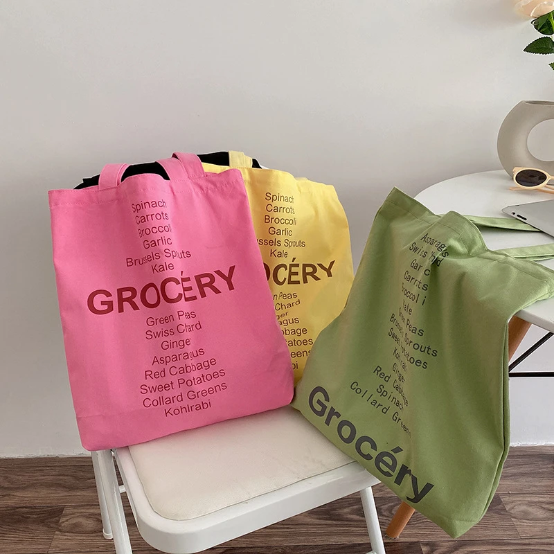 Women Shopping Bag Grocery List Design Ladies Cute Colors Shoulder Bag Eco Canvas Handbag Reusable Cotton Cloth Fabric Tote