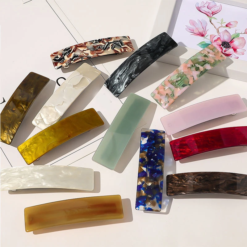 Vintage Acetate Resin Rectangle Hairpins Clips Solid Color Marble Print Side Clips Women Barrettes Hairgrips Hair Accessories