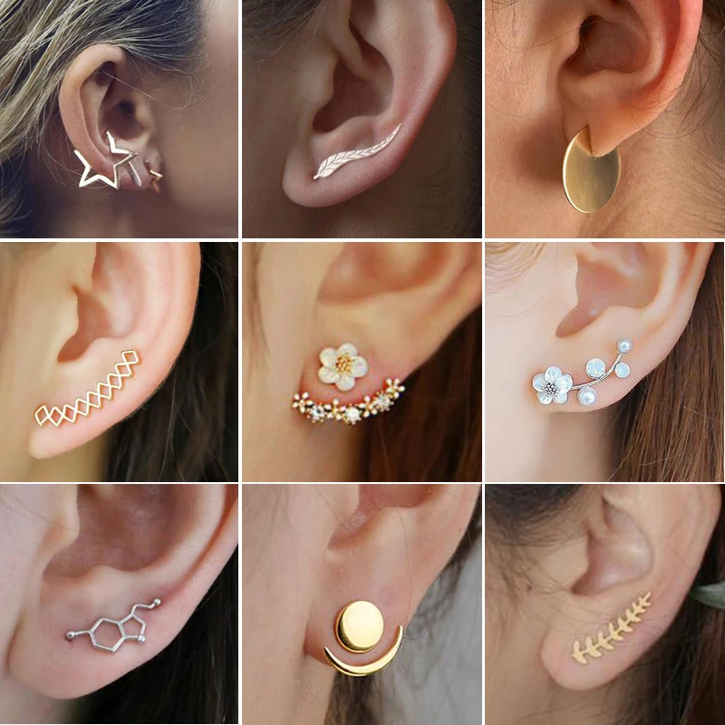 Bohemian Vintage Earrings Jewelry Leaf Sanasa Botanical Ear Climbers Earings A-Symmetric Geometric Round Stud Earrings for Women