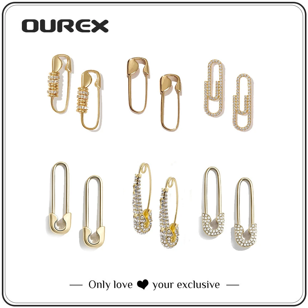 OUREX New Rhinestone Crystal Safe Pin Hoop Huggies Earrings Simple Design Earrings for Women Party Jewelry Accessories Wholesale