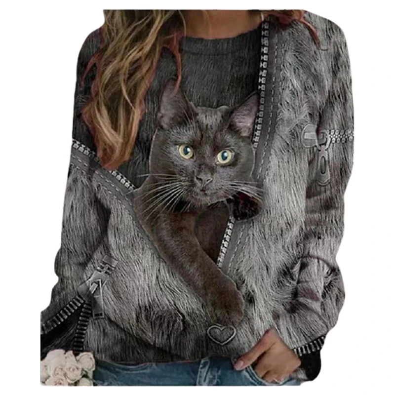 Plus Size 5XL Ladies 3D Cartoon Cat Print T Shirt Women O-Neck Long Sleeve Loose T Shirts New Spring Casual Oversized Tops 2021