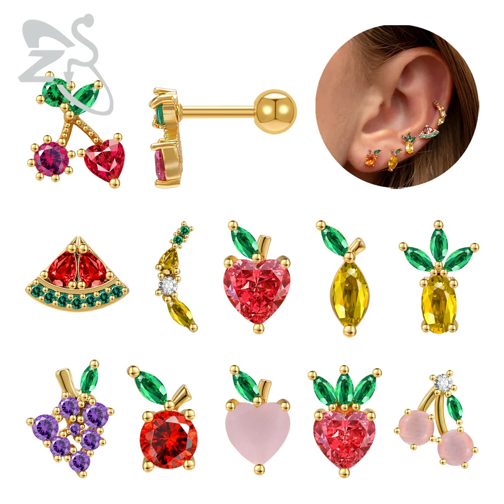 ZS 1 Pair Fruit Shape Stainless Steel Stud Earring For Women Colorful CZ Crystal Helix Cartilage Piercing Screw Back Earring 18g