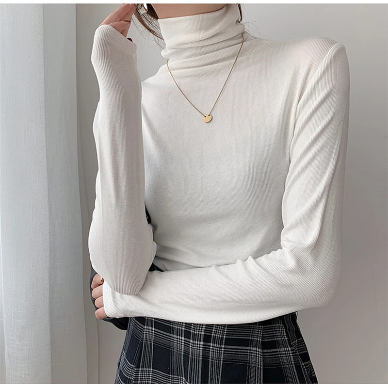 2021 Autumn Women Pullover Tops Female Knitted Sweaters Solid Concise Turtleneck Elasticity Elegant Office Lady Casual All Match