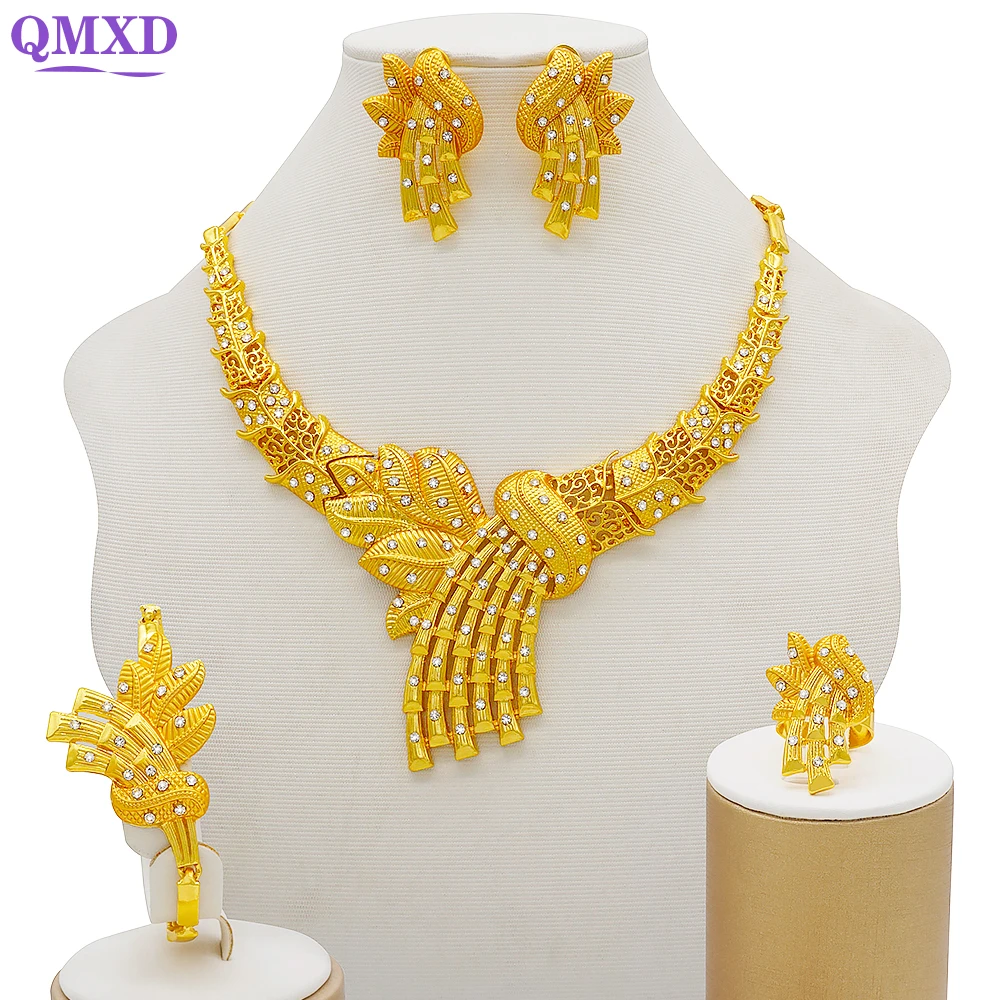 Gold Jewelry Sets Women Necklace Earrings Dubai African Indian Bridal Accessory flowers Jewelry sets Necklace