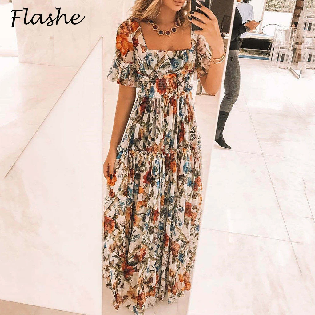 Summer Beach Dress Women Casual Short Sleeve Square Collar Elastic Waist High Waist Bohemian Floral Print Maxi Dress 2021