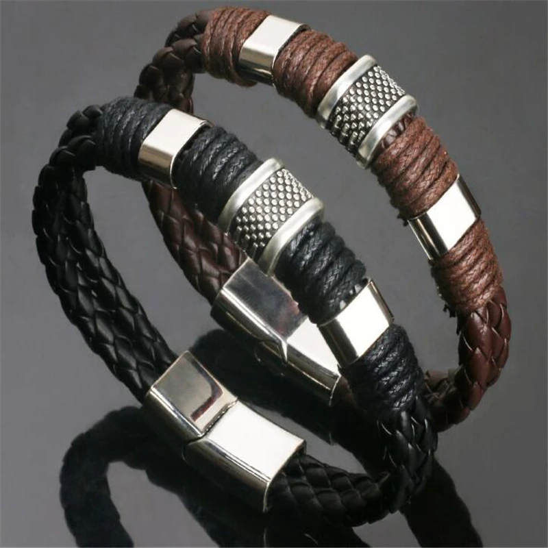 High Quality Stainless Steel Charm Bracelet Braided Black Brown Genuine Leather Bracelet for Men's Hand Wristband  Jewelry