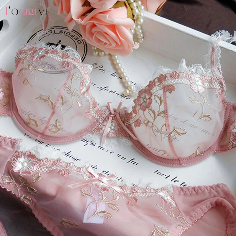 Logirlve Exquisite embroidery lotus pink ultra-thin women's sexy transparent lace underwear bra set