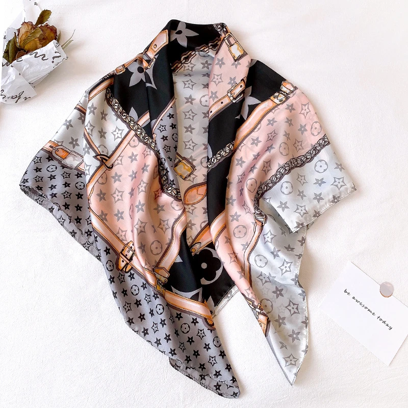 90*90cm Versatile Silk Scarf Women Large Shawls Floral Print Stoles Square Bandana Luxury Brand Kerchief Scarves Female Foulard