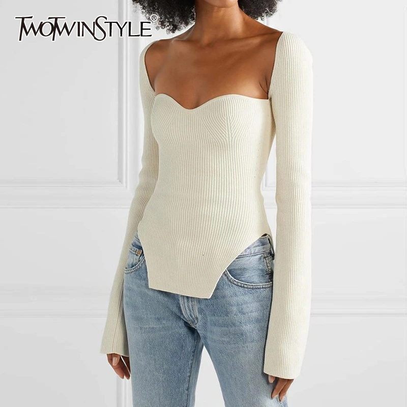 TWOTWINSTYLE White Side Split Knitted Women's Sweater Square Collar Long Sleeve Sweaters Female Autumn Fashion New Clothes 2020