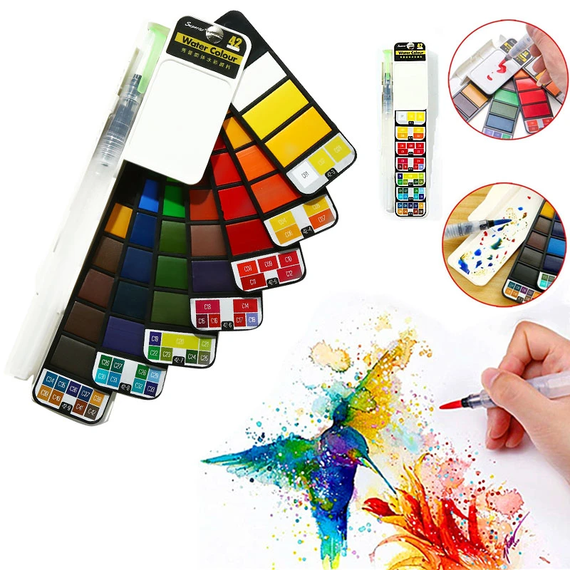 Superior Solid Watercolor Paint Set 18/25/33/42 Colors Foldable Travel Painting Pigment With Water Brush Pen Students Supplies