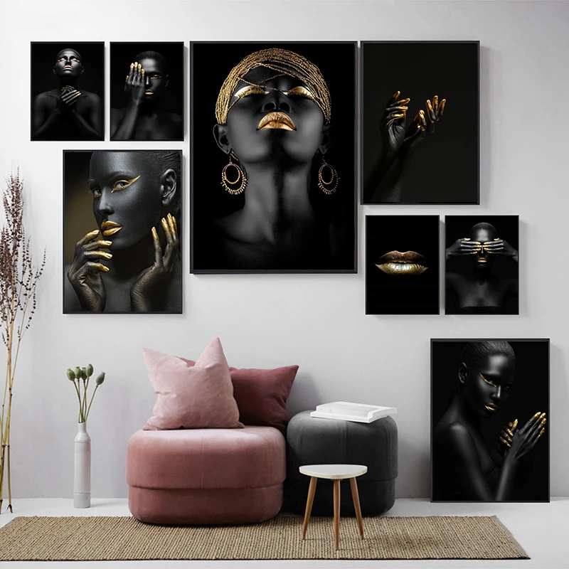 Gold and Black Modern Makeup Model African Woman Canvas Wall Art Paintings Fashion Girl Poster Prints for Living Room Home Decor