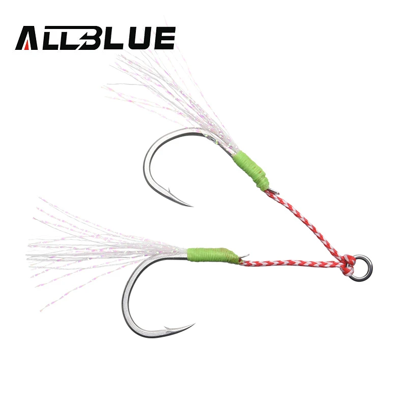 ALLBLUE 4pairs/lot Metal Jig Luminous Assist Hook With PE Line Feather Solid Ring Jigging Spoon Fishhook for 5-80g Fishing Lure