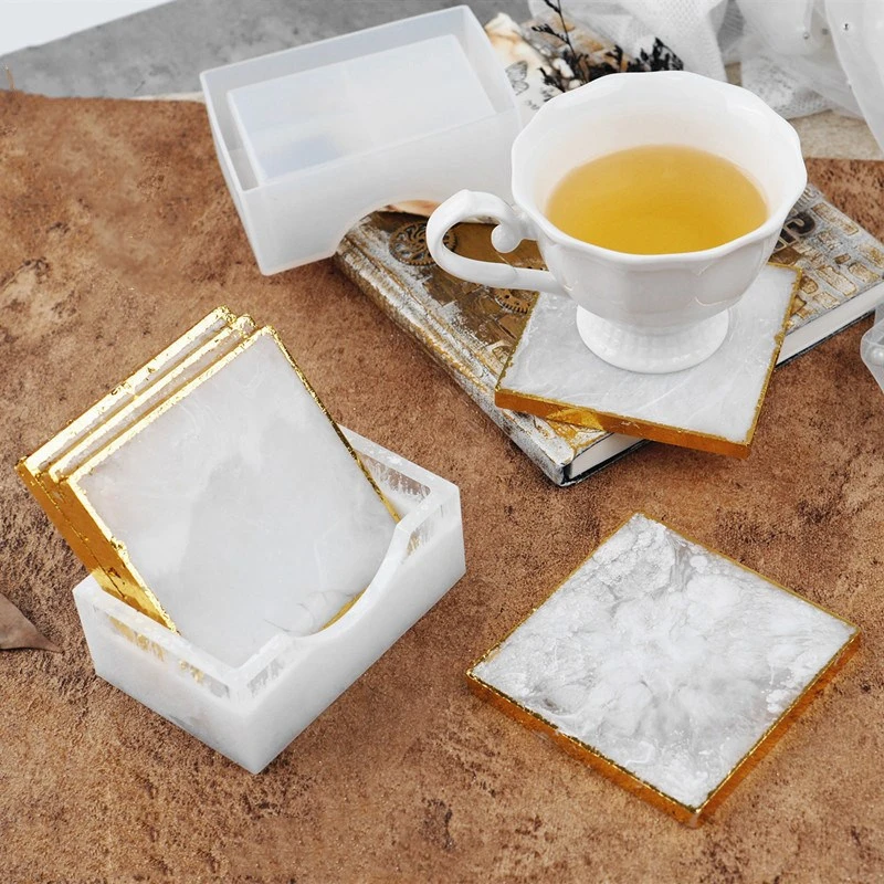 DIY Crystal Epoxy Resin Mold Square Coaster With Coaster Storage Box Silicone Mirror Mold  For Resin