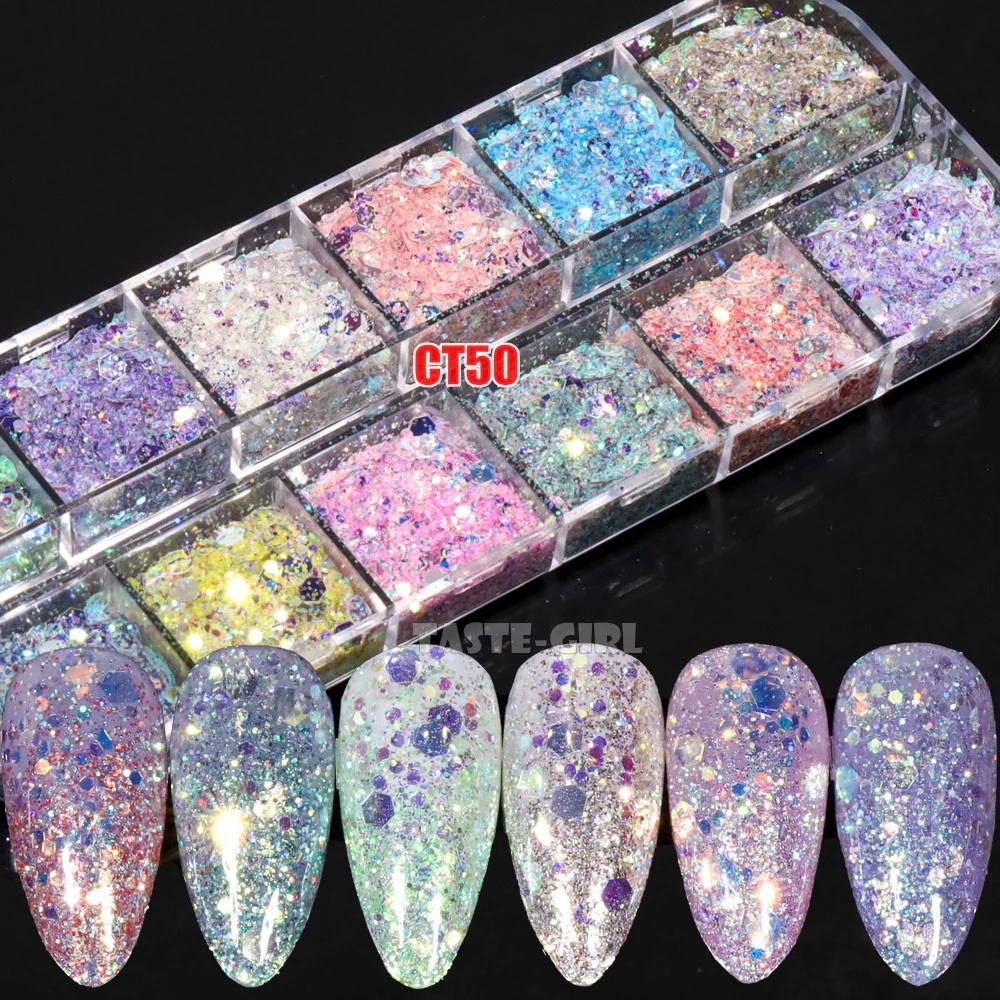 12 Color/Set Mix Sizes Hexagon Sequins Starr Holo Nail Glitter Slice Fragments Nail Art Paillette Decorations Manicure Set