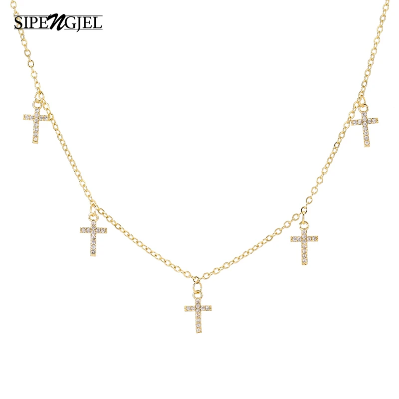 SIPENGJEL Fashion Simple Classic Cross Pendant Necklace Gold Silver Color Crystal Necklace For Women Jewelry 2021