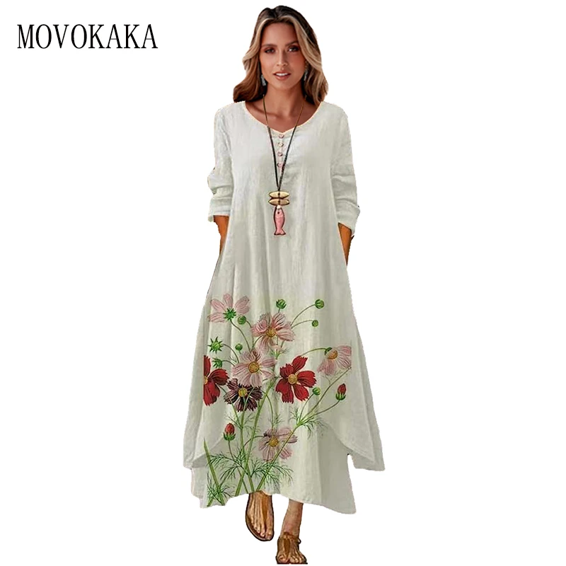 2021 Elegant Flowers Print Long Sleeve Spring Summer Dresses Casual O Neck Loose Women Dress Vintage Party Vestidos Long Dresses