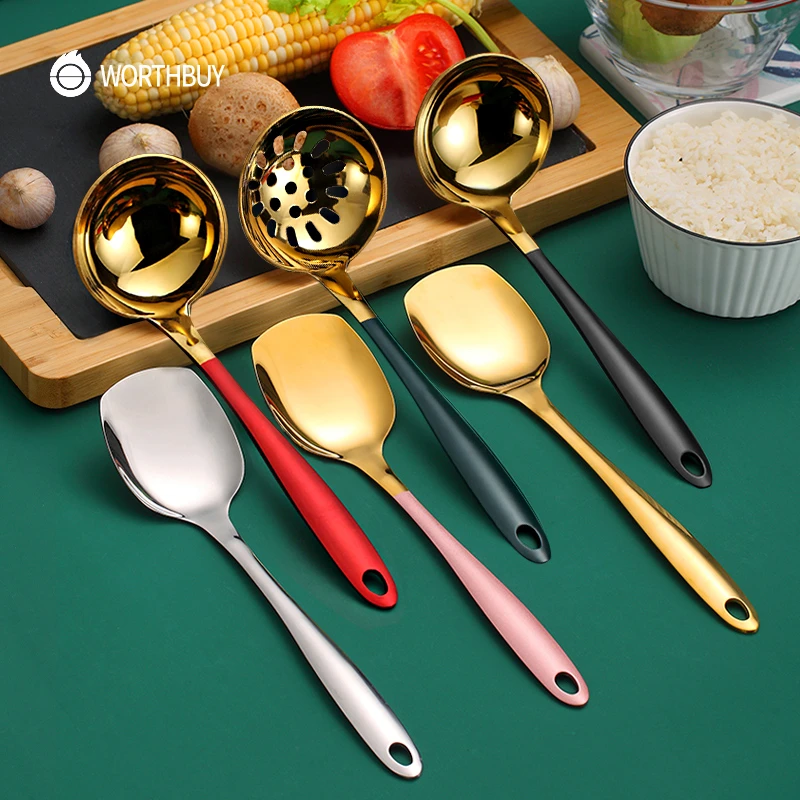 WORTHBUY Multifunctional Colorful Kitchen Utensils Stainless Steel Turner With Long Handle Kitchen Cooking Tool Rice Spoon Scoop