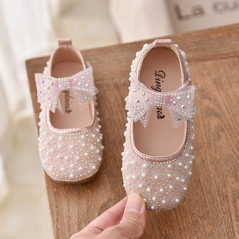 New Girls Single Princess Shoes Pearl Shallow Children's Flat Shose Kid Baby Bowknot Shoes 2021 Spring Autumn B207