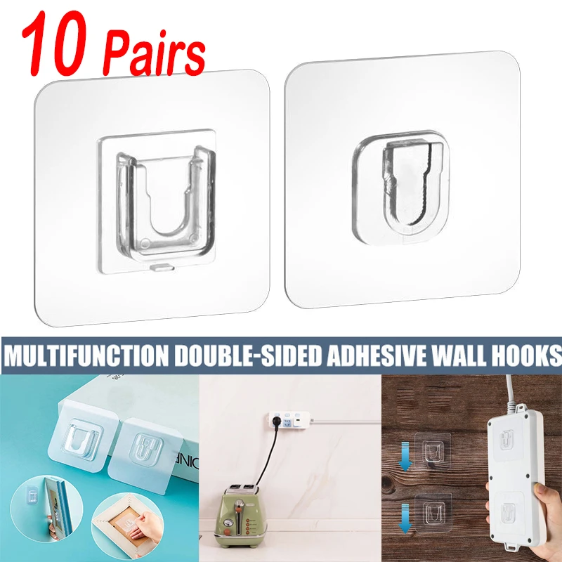 10 Pairs Double-Sided Adhesive Wall Hooks Hanger Strong Transparent Suction Cup Wall Holder For Kitchen Bathroom Accessories