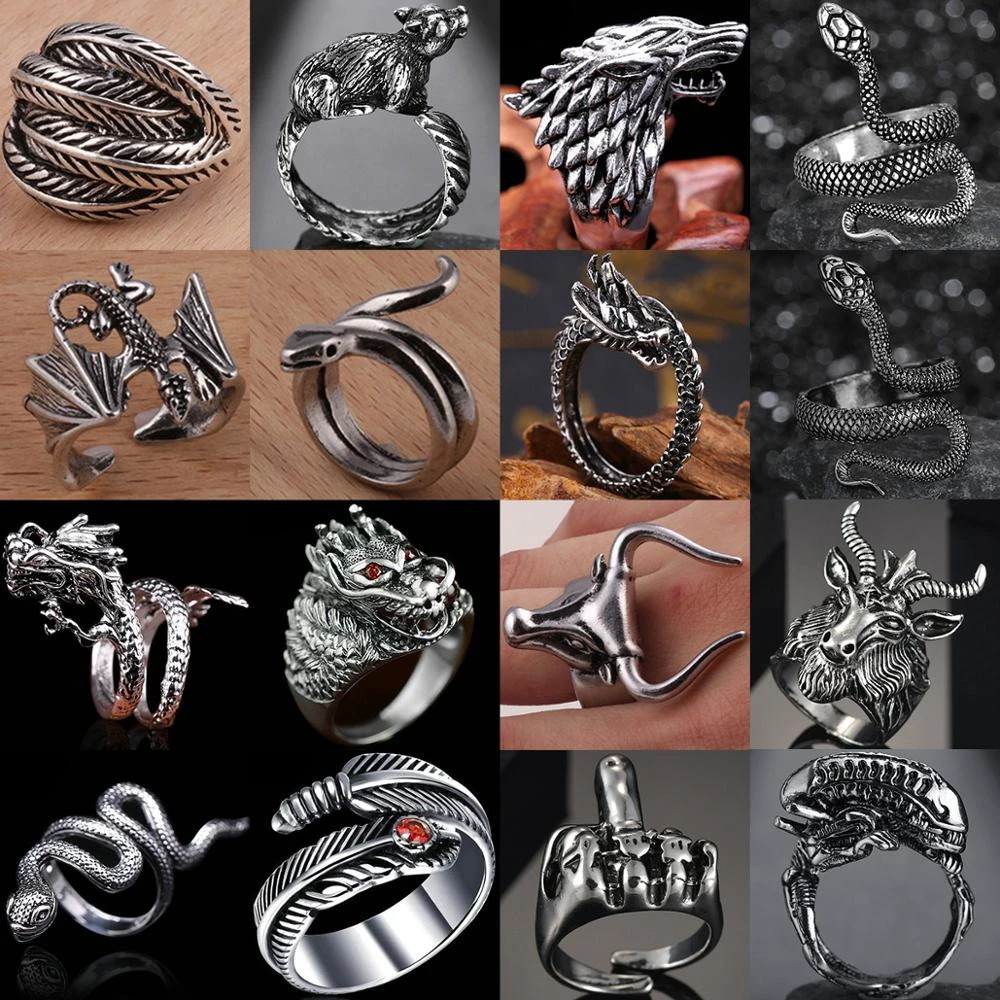 Open Vintage Snake Free Size Ring For Women Men Gothic Rock Hip Hop Black Animals/Dragon/Deer/Goat Finger Ring