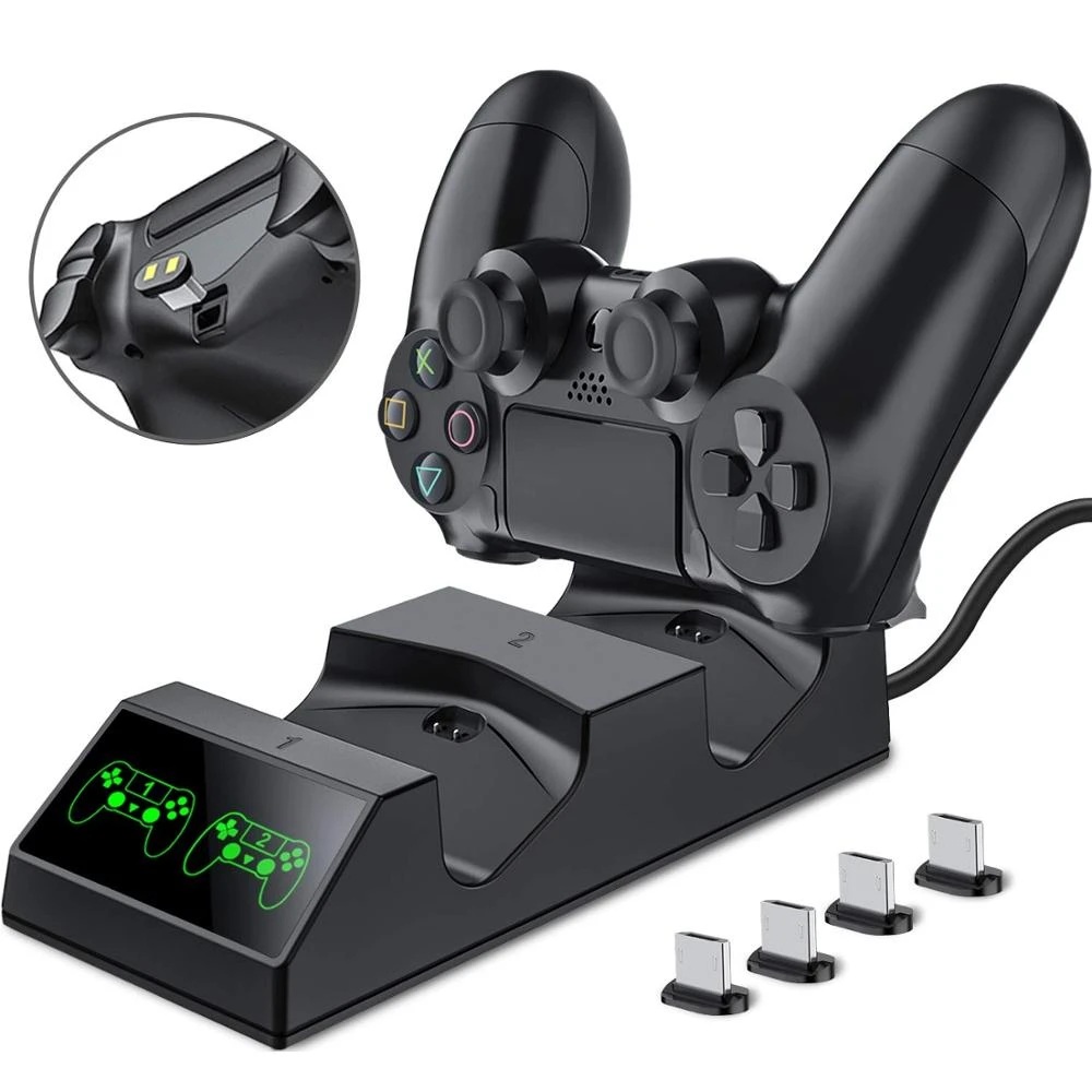 PS4 Controller Charger Charging Dock Station with 2 Micro USB Charging Dongles Dual Charging Dock for Playstation 4 PS4 Slim Pro