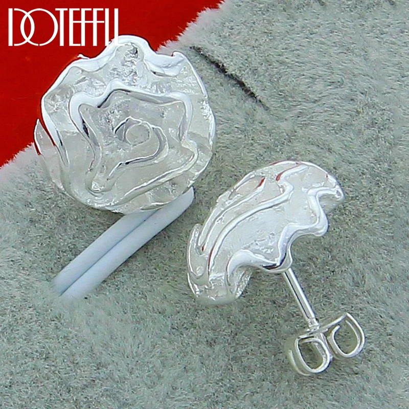 DOTEFFIL 925 Sterling Silver Rose Flower Stud Earring For Women Fashion Charm Wedding Engagement Party Jewelry
