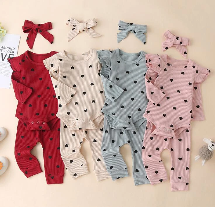 Cute Newborn Baby's Girls Ribbed Clithes Suit Toddler Infant Heart Print Crew Neck Lace Long Sleeve Top+Pants+Hairband Set