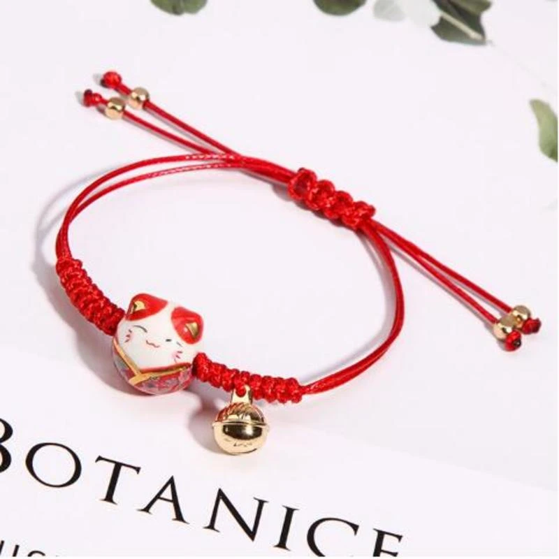 Simple Sweet Ceramic Lucky Cat Bell Thread Bracelets Female Student Girlfriends Hand-woven Red Colors Bells Rope Bangle Handmade