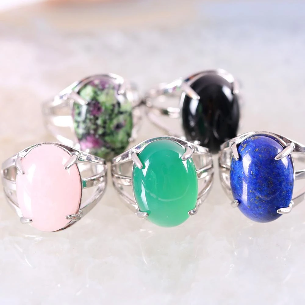 1Pcs Ring Jewelry For Women Gift Natural Stone Oval Cabochon Bead Crystal Opal Lapis Onyx Adjustable Finger Ring