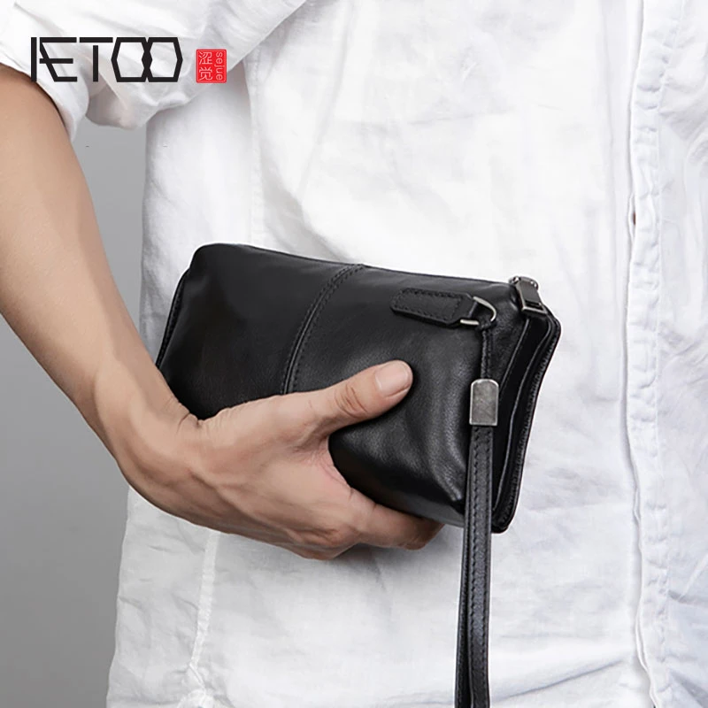 AETOO Men's handbags, men's leather soft leather casual handbags, long zip-up wallets, leather mobile phone bags