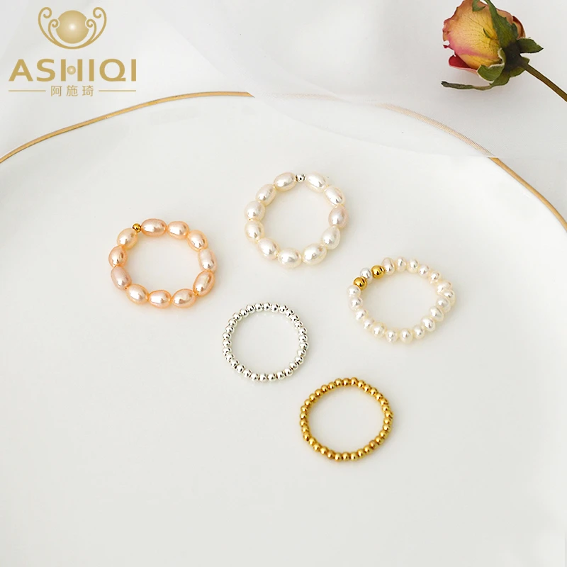 ASHIQI Small Natural Freshwater Pearl Couple Rings for Women Real 925 Sterling Silver Jewelry for Women 2021 Wholesale  Gift