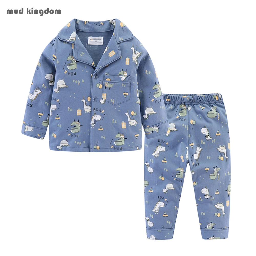 Mudkingdom Boys Girls Pajamas Set Callared Long Sleeve Cute Cartoon Autumn Toddler Pajama Kids Sleepwear Print Children Clothes