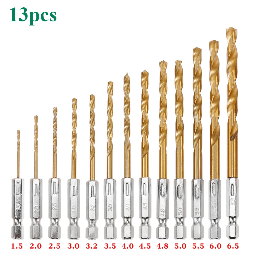 13Pcs HSS High Speed Steel Titanium Coated Drill Bit Set 1/4 Hex Shank 1.5mm-6.5mm Hexagonal Handle Twist Drill