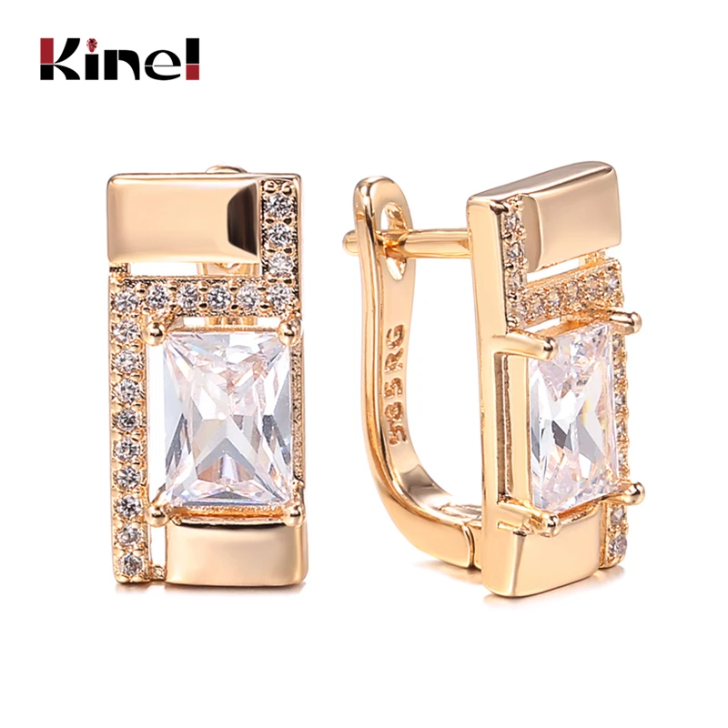 Kinel Classic Stud Earrings 585 Rose Gold White Natural Zircon earrings Big Simple Korean Earrings For Women To Gifts 2021 Hot