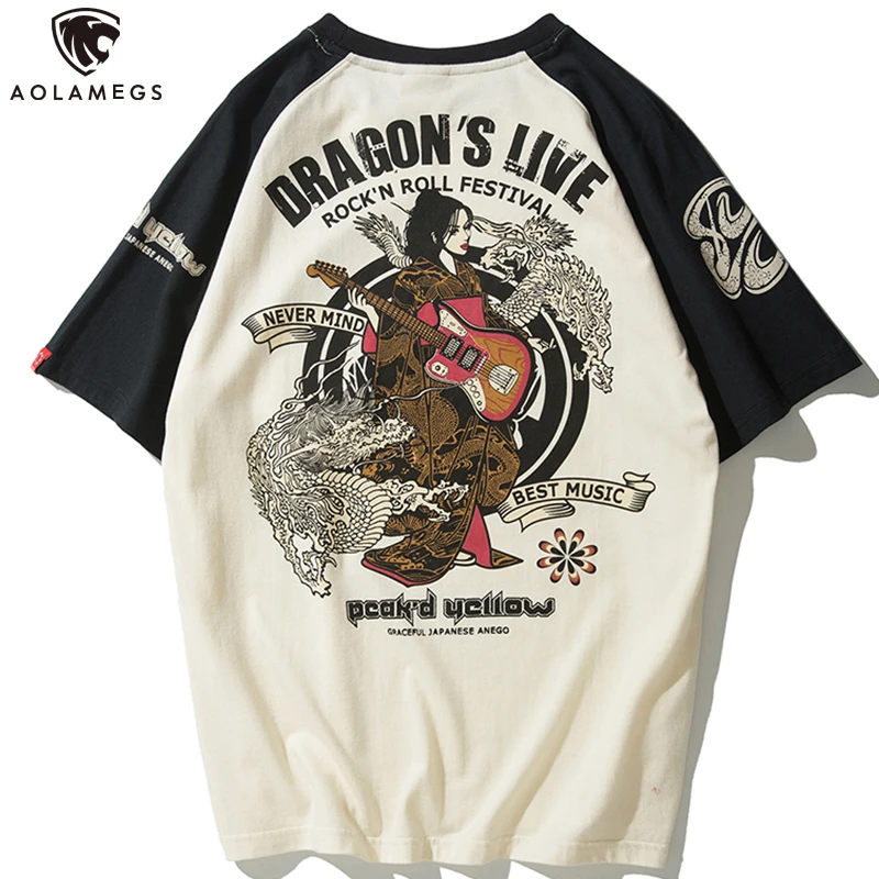 Aolamegs Oversized Men T-Shirt Japanese Geisha Dragon Print T Shirts Casual Anime Tshirt Cotton Summer Streetwear Men's clothing