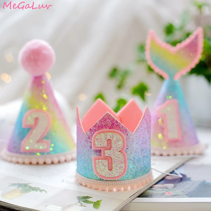 1pcs 1st 2nd 3rd Year Old Number Baby Kids Birthday Crown Caps Mermaid Tail 1st Birthday Hats Newborn Baby Party Decorations