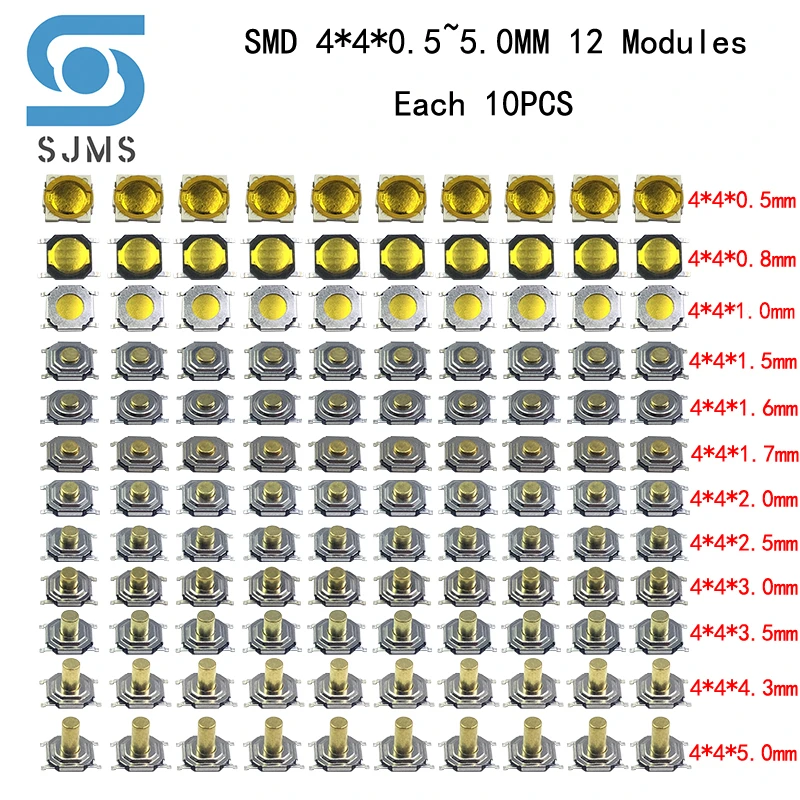 120pcs Assorted Micro Tactile Push Button Touch Tact Waterproof Switch Kit 4x4x0.5~5 SMD 4 Pin LCD Monitor Repair SMT 4*4*1.5mm
