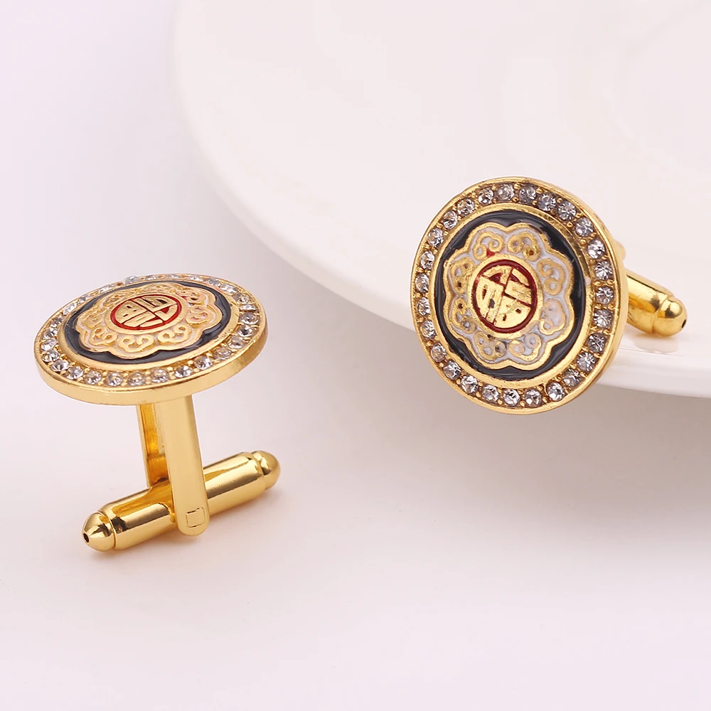 Classic Gold-Color Plated Rhinestone Copper Black Painting Men's Cufflink Wedding Suit Shirt Buttons Cufflinks