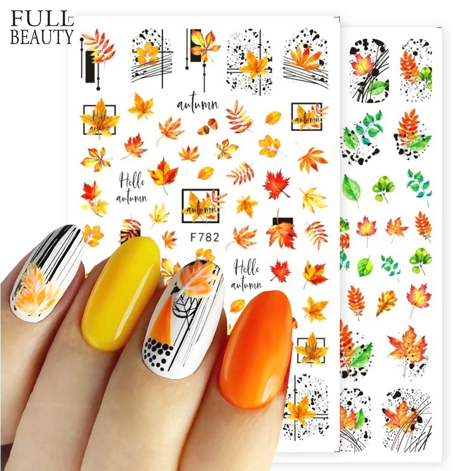 Autumn Maple Leaf Nail Art Stickers 3D Gold Fall Design Polish Decals Line Adhesive Sliders Nails Decoration Manicure CHF782-791